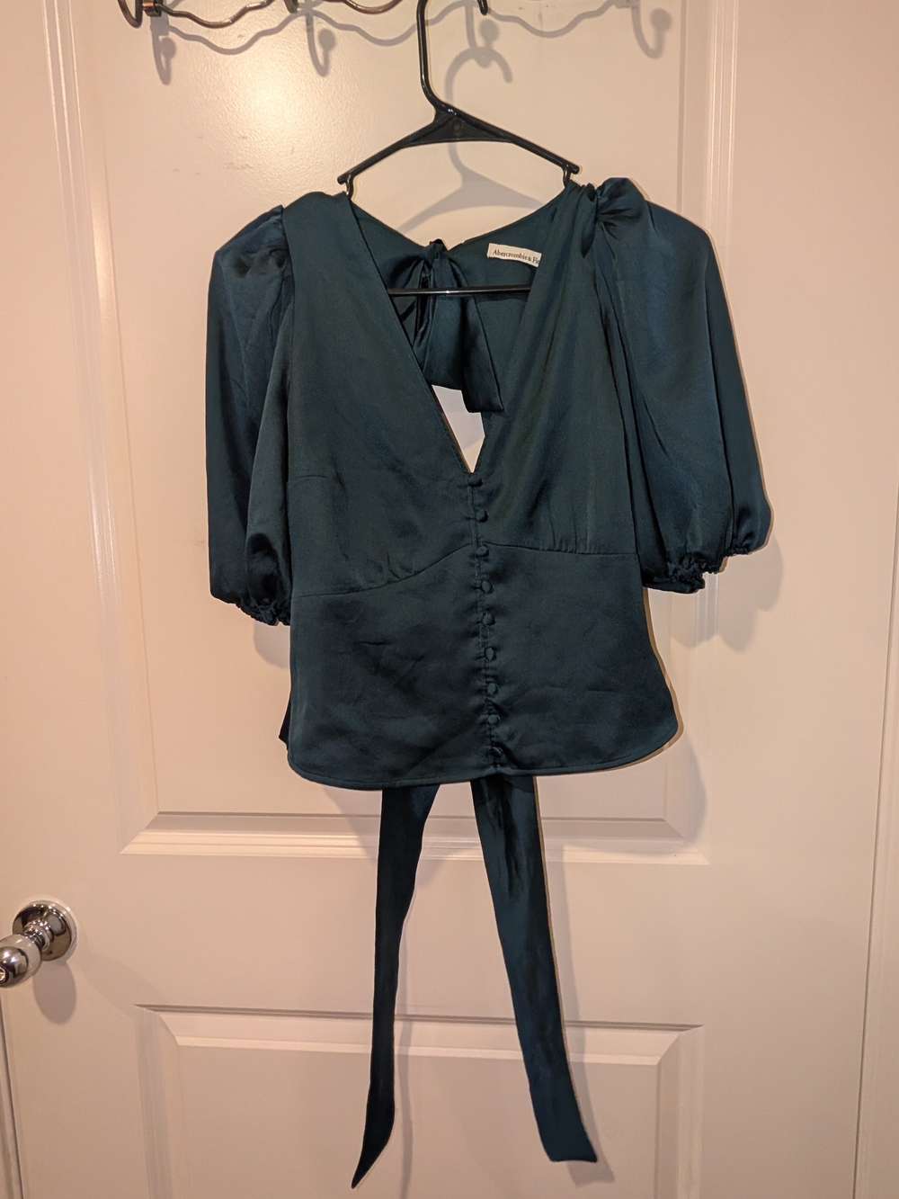 Abercrombie & Fitch Dark Green Teal Satin Peasant Puff-Sleeve V-Neck Blouse